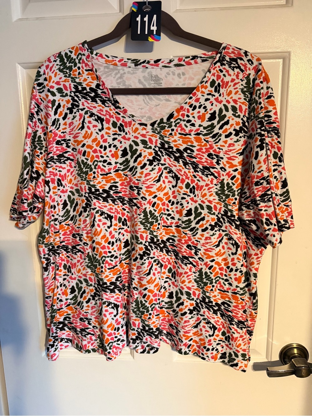 Kim Rogers Pink Multicolor V-Neck Short Sleeve Top